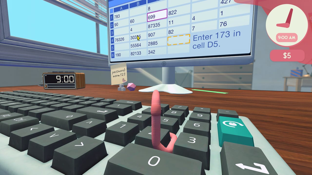 Pink worm standing on a numeric keypad while a spreadsheet on the monitor asks to enter 173 in cell D5