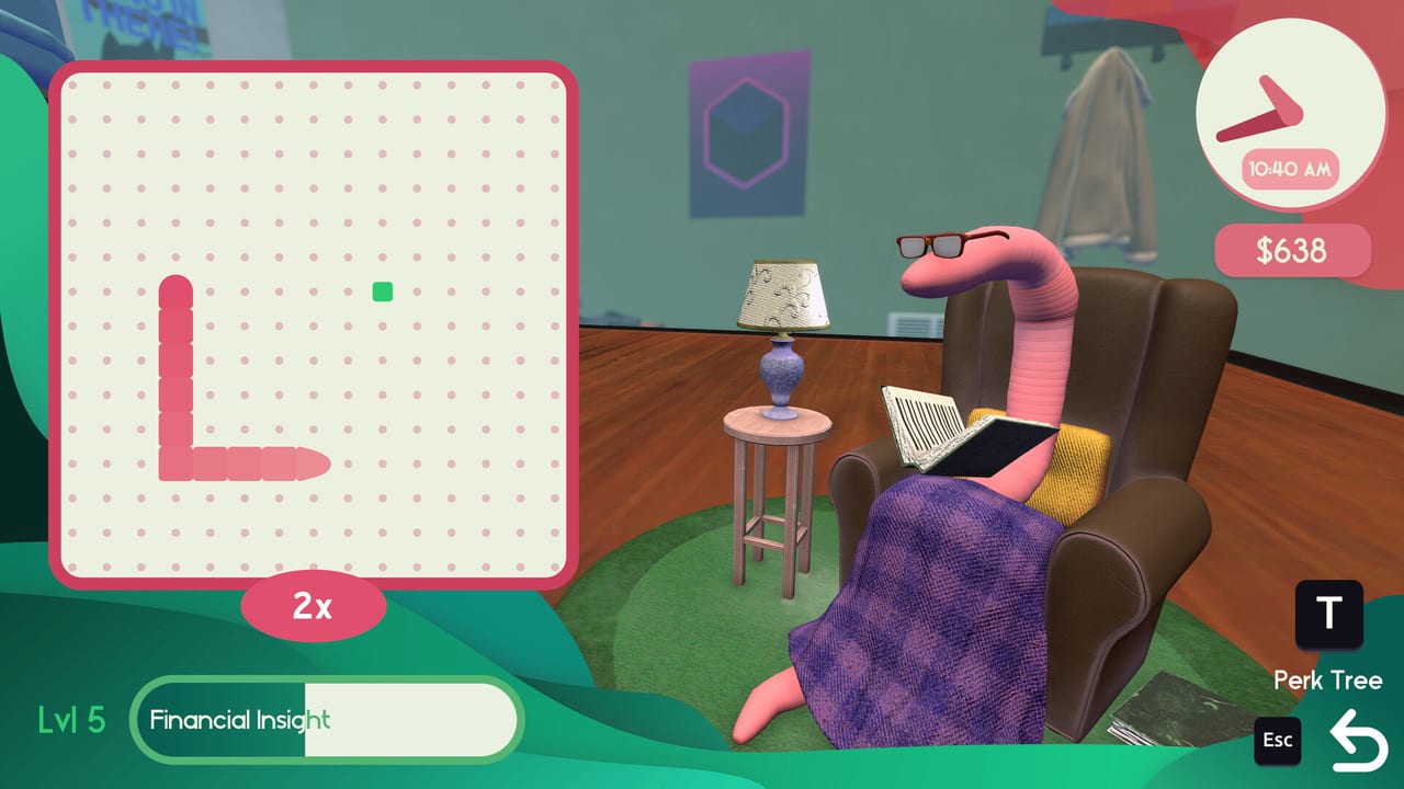 Worm in glasses reading in an armchair while a Snake-style Financial Insight minigame fills the left HUD